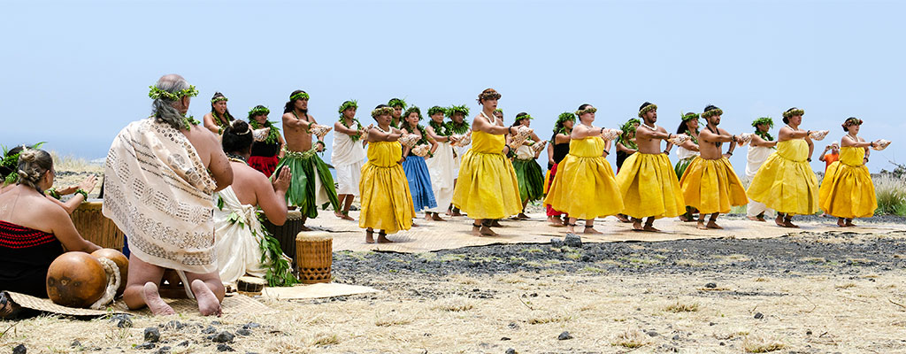 Group of hula dancers and Hawaiian chanters