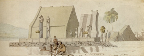 drawing of a Hawaiian structure with people in the foreground