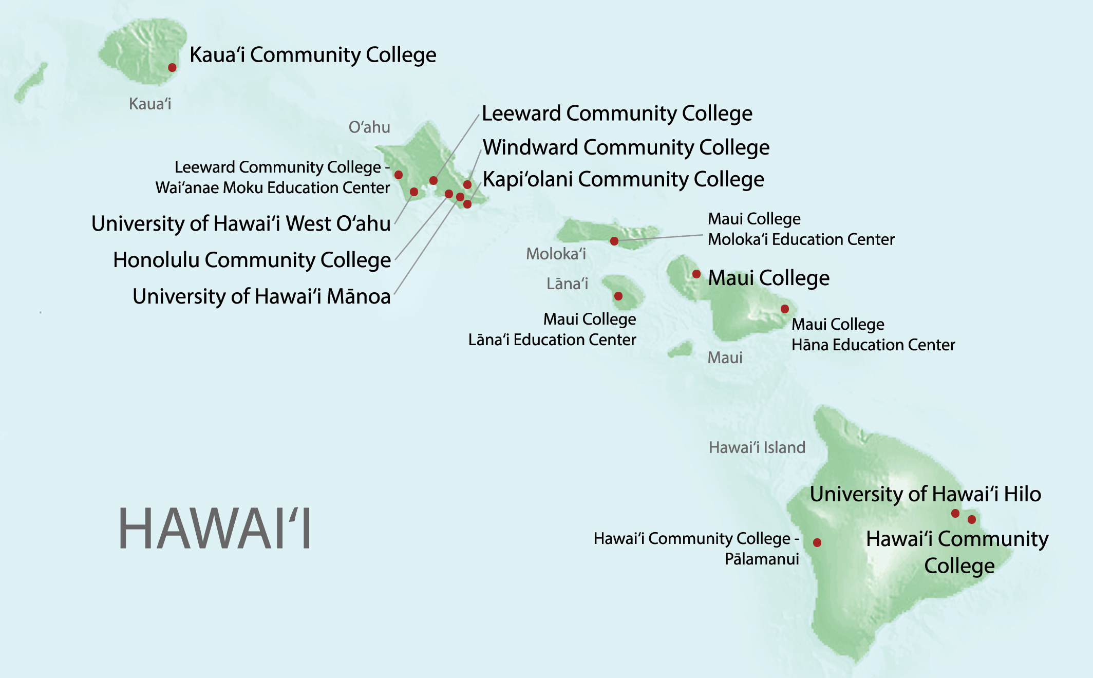 Map of 草莓社区 campuses to show on what island and where each university, college and education center is located.